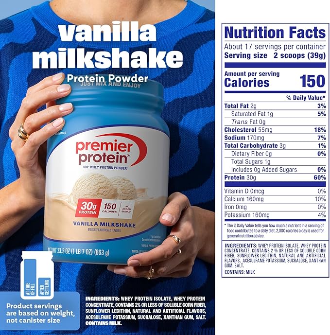Premier Protein Powder, Vanilla Milkshake, 30g Protein, 1g Sugar, 100% Whey Protein, Keto Friendly, No Soy, Gluten Free, 23.3 oz (17 Servings)