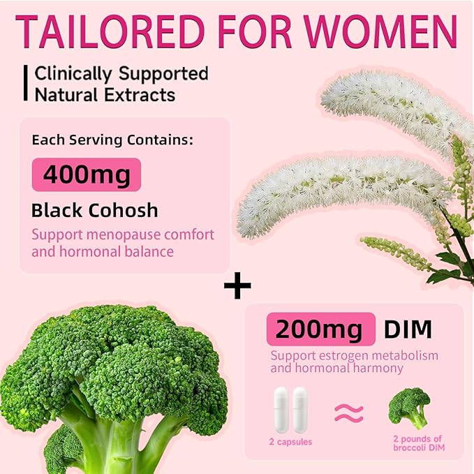Menopause Supplements For Women, 400mg Black Cohosh & 200mg DIM for Hot Flashes, Night Sweats Relief & Hormone Balance, 35-in-1 with Probiotics, Ashwagandha & Red Clover, 100 Capsules/50-Day Supply