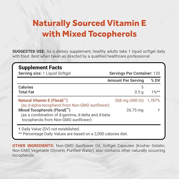 Naturalis Sunflower Vitamin E 268mg (400 IU) with Mixed Tocopherols | Essential Skin Vitamin & Immune Support | Non-GMO, Soy & Gluten Free | 120 Softgels