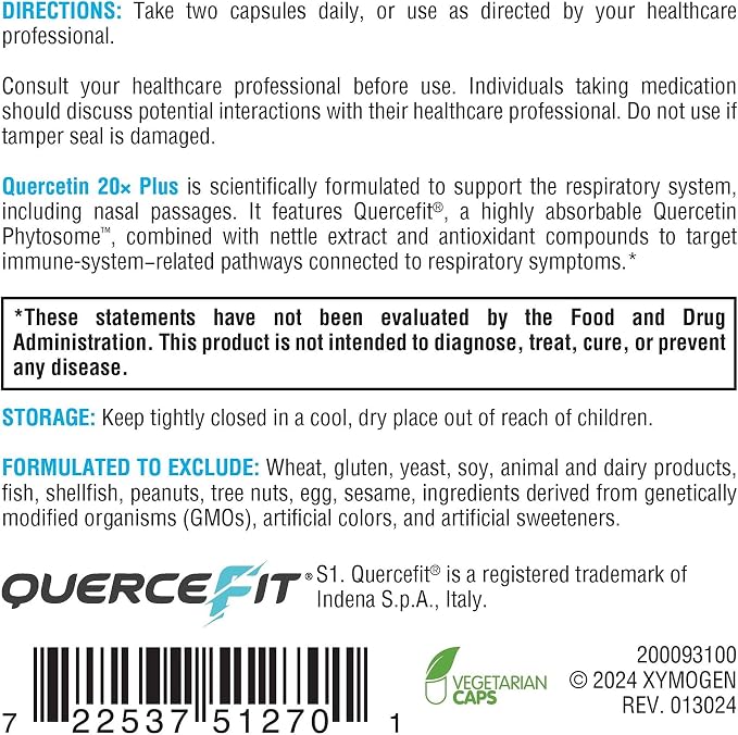 XYMOGEN Quercetin 20× Plus - Quercetin Phytosome Supplement for Immune & Respiratory Support - with Vitamin C & Nettle Leaf - 120 Capsules