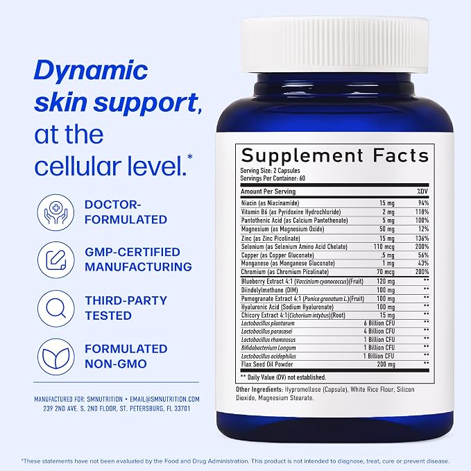 Clear Skin Supplement with Zinc, DIM & Probiotics | Doctor-Formulated | 3-in-1 Hormone, Gut & Complexion Support | Triple Action Hyaluronic Acid & Vitamins for Skin Balance & Glow Support | 120 Ct