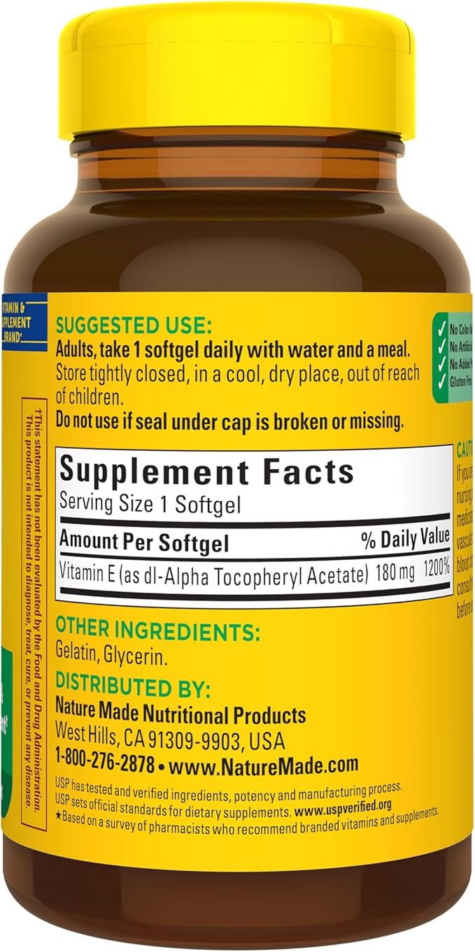 Nature Made Vitamin E 180 mg (400 IU) dl-Alpha, Dietary Supplement for Antioxidant and Skin Support, 180 Softgels, 180 Day Supply