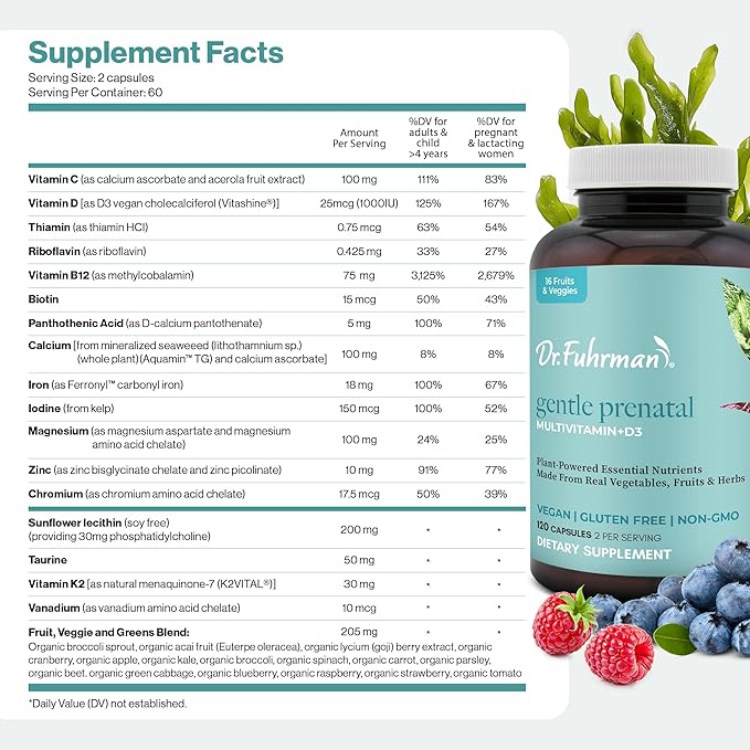 Dr Fuhrman Prenatal Vitamins For Women | Doctor-Formulated Prenatal Vitamins | Natural Folate, B12, Choline & Iodine for Pregnancy Support, Brain & Immune Health | No Synthetic Folic Acid | 120 Cap