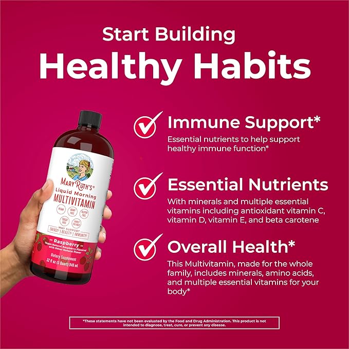 MARYRUTH'S Liquid Morning Multivitamin for Women, Men & Kids | Vitamin A C D E B6 B12 Biotin Zinc | Beauty | Vegan | Non-GMO | Gluten Free | 32 Servings