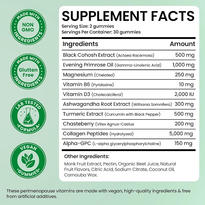 Perimenopause Supplements Women | Premenopausal Gummy Vitamins | Relief for Hormonal Balance & Mood Swings | Supports Menstrual Cycle Regulation | 60 Vegan Gummies