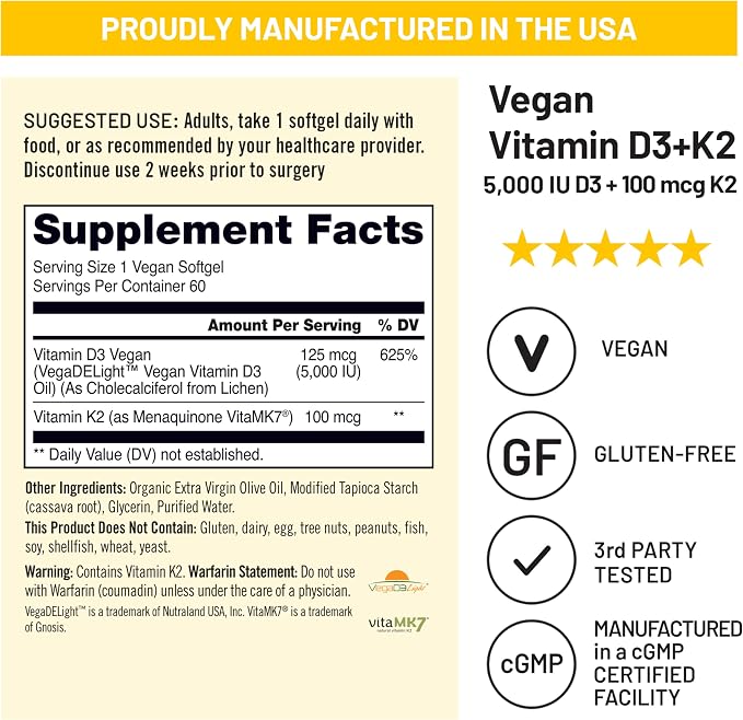 NatureWise Vegan Vitamin D3 + K2 - Natural D3 5000IU + Natural Vitamin K2 100mcg - Bone Support - High Absorption with Organic Cold-Pressed Olive Oil - Non-GMO
