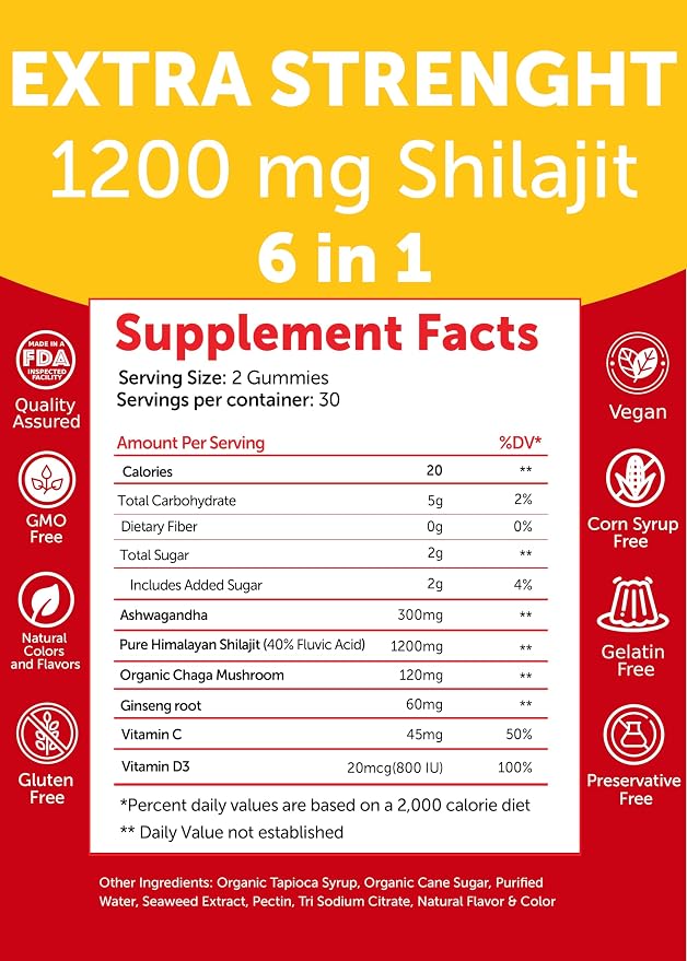 Lunakai USA Made 1200mg Pure Himalayan Shilajit Gummies for Men & Women with Ashwagandha & Chaga – Supplement for Daily Energy & Vitality Support, 60ct