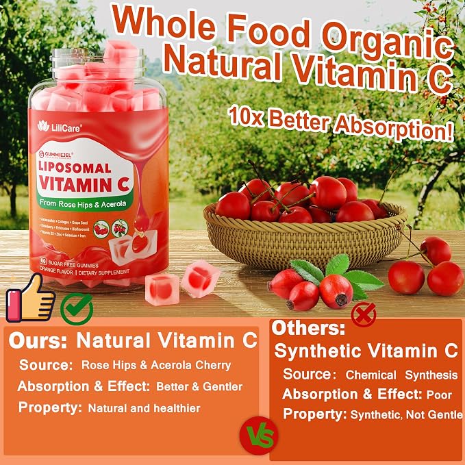 Natural Liposomal Vitamin C Gummies for Adults Kids 9+, Chewable Vitamin C w/ 11mg Zinc, D3, Elderberry, Echinacea, Bioflavonoid,Immune Support, Whole Food VIT C from Fruits, Sugar Free, 2Pack