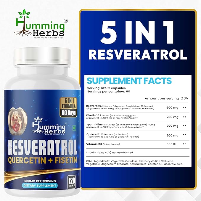 Humming Herbs Resveratrol Supplement— with Quercetin, Fisetin, Spermidine & Vitamin D3 — Antioxidant Support for Healthy Cellular Function - 1200 mg, 120 Vegan Capsules Non-GMO, Gluten-Free