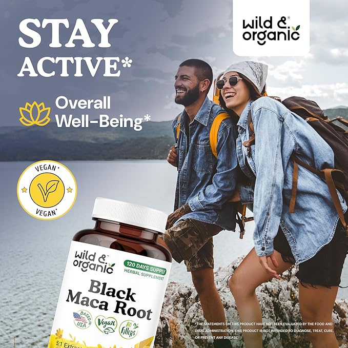 Wild & Organic Black Maca Root Capsules for Women & Men 500 mg - Overall Support - 120 Vegan Capsules with Maca Powder - Men & Women Supplement - 120 Days Supply, Non-GMO, No Fillers, Gluten-Free