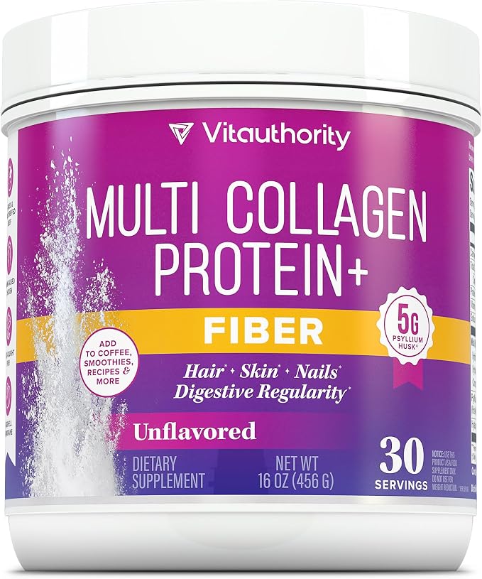 Vitauthority Multi Collagen Protein Powder + Fiber Supplement Collagen Types I, II, III, V & X | Hair, Skin, Nail, & Digestive Support | Vitamin C & Hyaluronic Acid, Unflavored 30 Servings