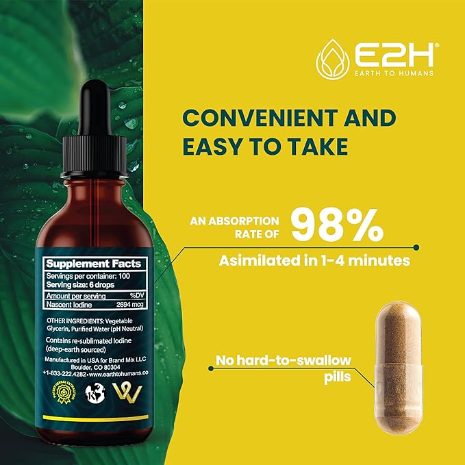 E2H Vegan Liquid Iodine - Thyroid Support and Cognitive Function - Boost Your Metabolism and Energy Levels - Vegan - Non-GMO (2 Bottles)