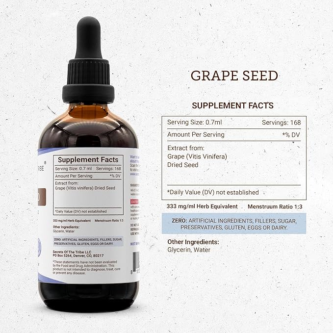 Secrets of the Tribe Grape Seed Tincture Alcohol-Free Extract, Grape (Vitis Vinifera) Dried Seed Tincture Supplement (4 FL OZ)