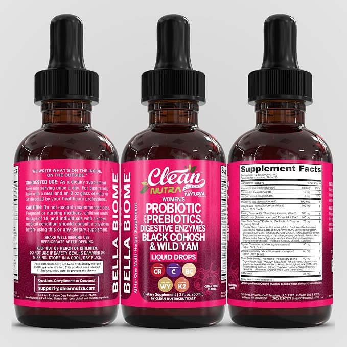 Liquid Probiotics for Women Drops with Chasteberry, Black Cohosh, Prebiotics, Digestive Enzymes, Evening Primrose Oil, Wild Yam, Cranberry Dmannose and Iron Vitamin D3 K2 Clean Nutra Bella Biotics (2)