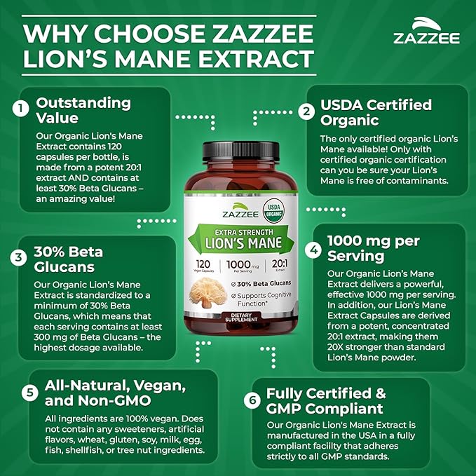 Zazzee USDA Organic Lion's Mane 20:1 Extract, 1000 mg Per Serving, 30% Beta Glucans, 120 Vegan Capsules, Nootropic for Brain Health, Focus, Memory & Immune Support, All-Natural, Non-GMO, Made in USA
