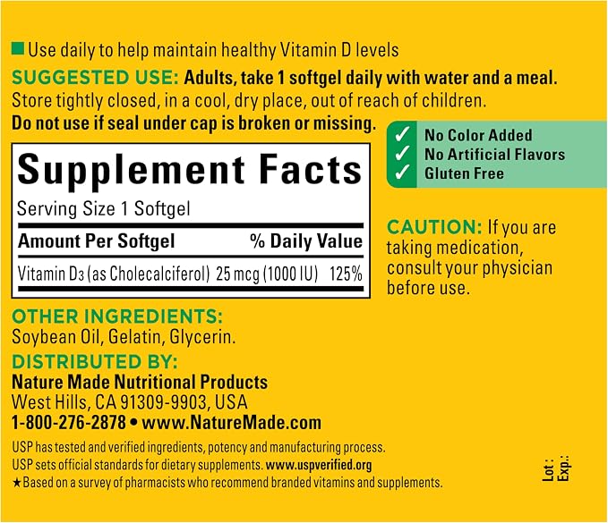Nature Made Vitamin D3 1000 IU (25 mcg), Vitamin D Supplement for Bone, Teeth, Muscle and Immune Health Support, 180 Softgels, 180 Day Supply