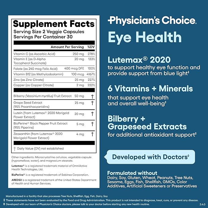 Physician's Choice Eye Health - Lutein, Zeaxanthin & Bilberry Extract - Supports Eye Strain, Dry Eyes, and Vision Health - 2 Award-Winning Clinically Proven Eye Vitamin Ingredients - Carotenoid Blend
