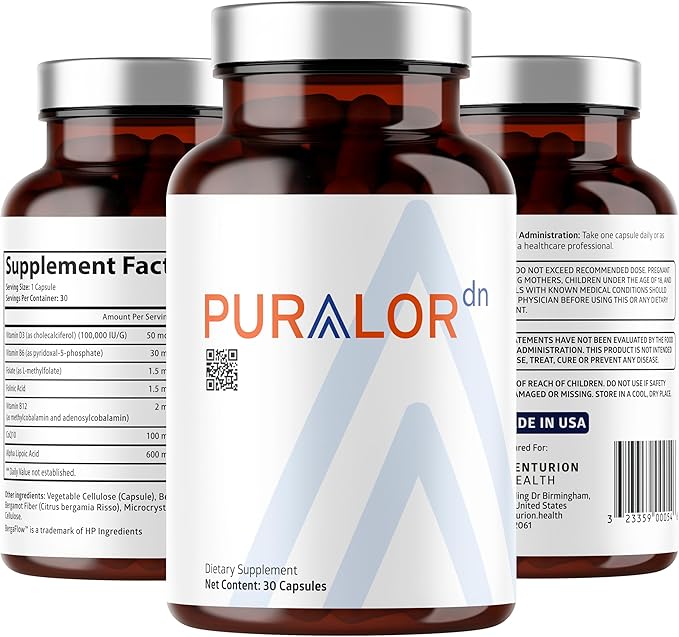 Puralor DN Nerve Support Supplement, Advanced Neuropathy Support Supplement with Alpha Lipoic Acid, CoQ10, Folate, Vitamin B12 and Vitamin D3, Non-GMO, Vegan, 30 Capsules