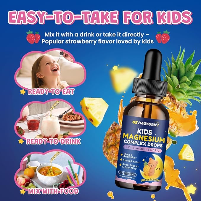 Magnesium Complex Liquid for Kids - Magnesium Glycinate, Malate, Taurate, Citrate with Calcium, Omega-3, L-theanine, Zinc,Vitamin B6 D3 C for Sleep, Relaxation, Calm & Focus, Pineapple Flavor, 2 Fl Oz