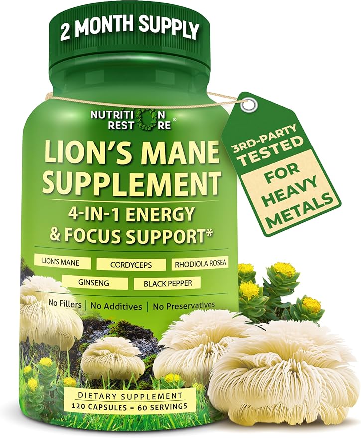 Organic Lion's Mane Supplement Capsules - Contains Naturally Occurring Beta Glucans & Polysaccharides, Enhanced with Organic Energy & Focus Support Blend: Cordyceps, Rhodiola Rosea, Ginseng, 120 Count