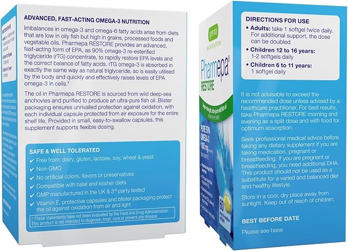 Igennus Pharmepa Restore, Pure EPA 1000mg, Omega 3 rTG Fish Oil, IFOS Certified, High Absorption, 90% Concentration Triple Strength, Wild & Sustainable, Lemon Flavor, 1-Month Supply, 60 Softgels