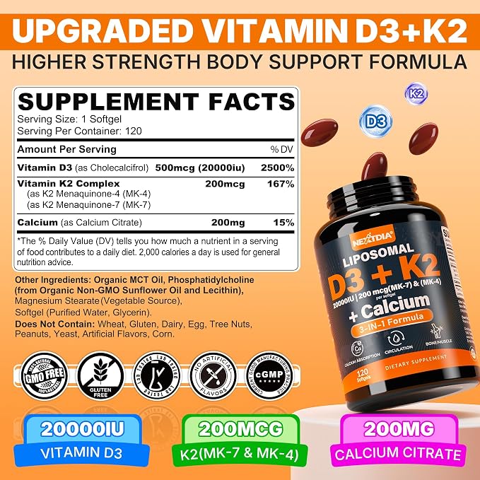Vitamin D3 20,000 IU + K2 Vitamin (MK4 & MK7) 200mcg + Calcium Citrate, Optimal Vitamin D3 K2 Softgel - Strong Bone & Muscle, Calcium Absorption, Helping Vitamin D Deficiencies, Easy to Swallow, 1Pack