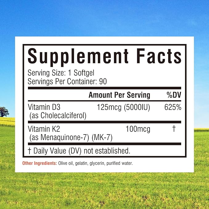 Innate Vitality Vitamin D3 K2 Supplement 90 Softgels, Vitamin D3 5000 IU + K2 100 mcg with Cold-Pressed Olive Oil for Maximize Absorption, Non-GMO, No Soy or Gluten, Bone, Immune & Heart Support