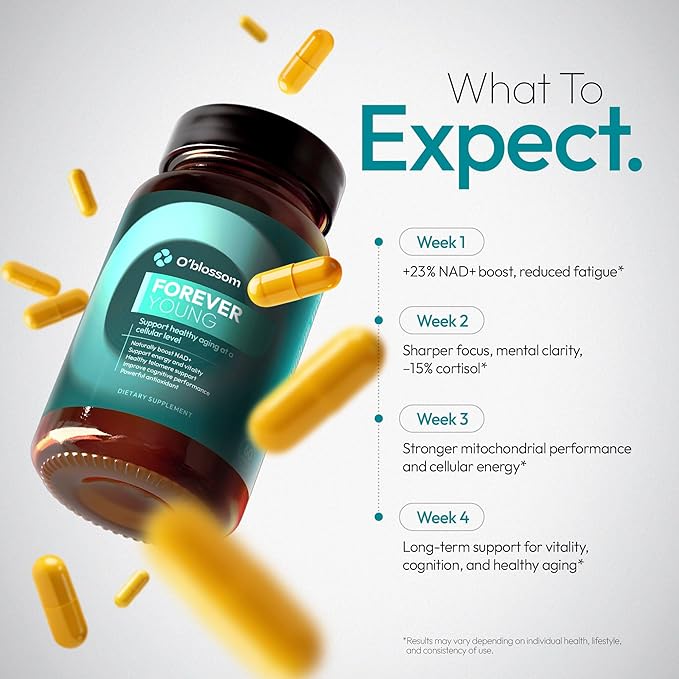 O'blossom Forever Young NAD+ Supplement - Clinically Studied NMN Resveratrol Formula with NADH Supplement - Boosts NAD+ in 14 Days, Supports Healthy Aging, Cognitive Function & Mitochondrial Health