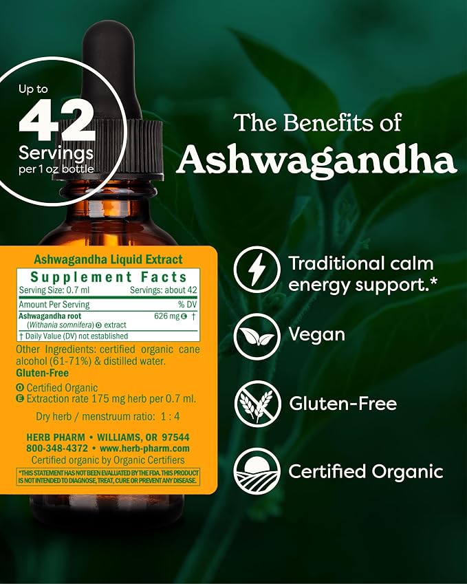 Herb Pharm Ashwagandha Liquid Extract: Organic, Calming Ayurvedic Adaptogen, Stress Support Supplement | Fast-Absorbing & Sugar-Free Ashwagandha Tincture | Up to 3 Week Supply, 1 oz*