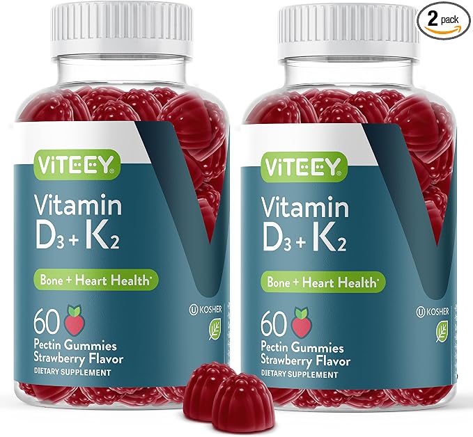 VITEEY Vitamin D3 K2 Gummies - 1000 IU Vitamin D3 and K2 100mcg - Bone & Heart Health for Adults and Teens - Vegetarian, Gelatin Free, GMO Free - Tasty Chewable D3K2 Vitamins Strawberry Flavored Gummy