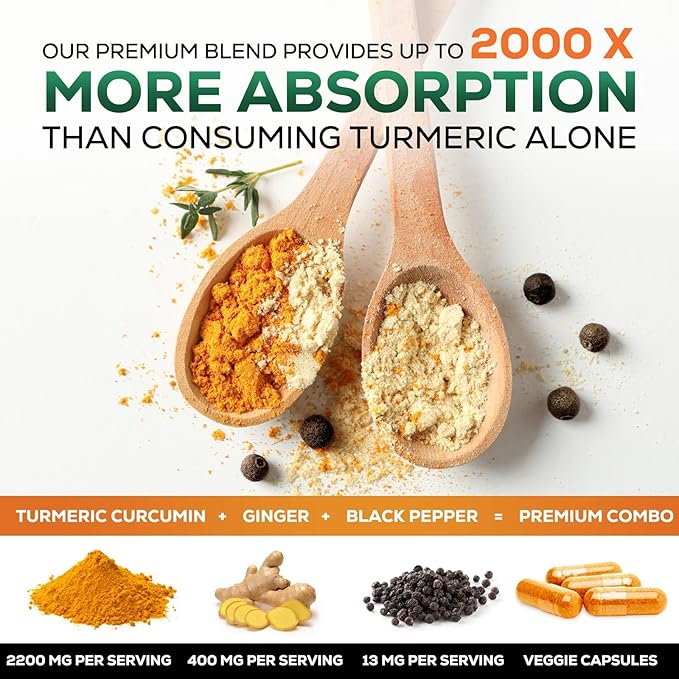 Turmeric Curcumin Supplement - 2000mg Organic Turmeric Per Serving - 95% Curcuminoids, Ginger & BioPerine Black Pepper for Best Absorption - Natural Vegan Joint Support, Bottled in USA - 60 Capsules