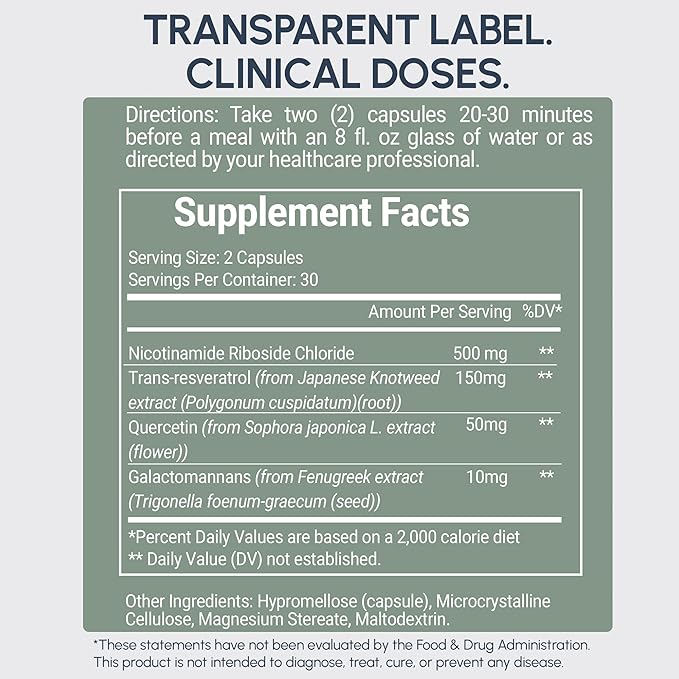 RYOS Nicotinamide Riboside NAD+ Supplement (500mg NR) with Resveratrol & Quercetin – Supports Healthy Aging & Cellular Energy – Pharmacist-Reviewed for Medication Awareness – REFUSEtoAGE- 60 Capsules