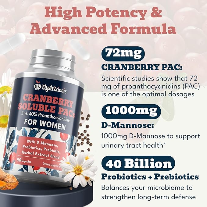 72mg PAC, Cranberry Pills for Women - Organic Cranberry Juice Extract Plus 1000mg D-Mannose, Supports Urinary Tract Health, Cranberry Supplement - 180 Capsules