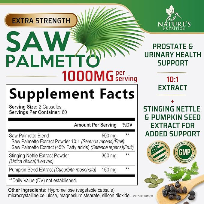 Saw Palmetto for Men - 3X Strength Prostate Health Supplements for Men's Health Support - with Stinging Nettle and Pumpkin Seed Extract - Prostate Urinary & Hair Health Support - 120 Capsules