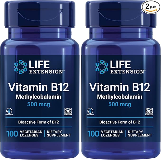 Life Extension Vitamin B12 Methylcobalamin 500mcg - Vitamin B12 Supplement for General Energy and Brain Health - SugarFree Vegetarian Lozenges Dissolve in Your Mouth/Once Daily - 100 Count (Pack of 2)