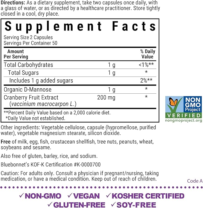 BlueBonnet Nutrition D-Mannose & Cranberry - Fast Acting Urinary Tract Support for Men & Women* - Non-GMO, Vegan, Kosher, Gluten-Free - 100 Vegetable Capsules, 50 Servings