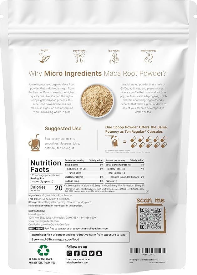 Micro Ingredients Organic Maca Root Powder, 2 Pound, Gelatinized for Better Absorption, Rich in Antioxidants, No GMOs, Vegan Friendly and Peru Origin