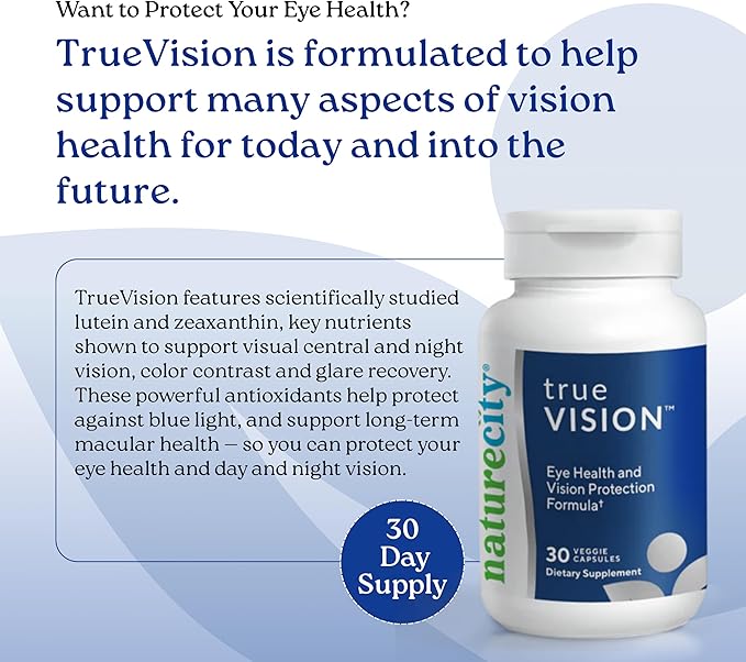 NatureCity True-Vision Eye Health Supplement - Plant-Based Lutein and Zeaxanthin with High Potency Saffron 20mg - Blue Light Protection, Support Central and Night Vision (30 Veggie Capsules)