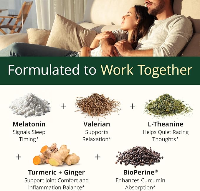 Melatonin 3mg Sleep Aid with L-Theanine & Valerian Root – Turmeric Curcumin Supplement with Ginger & Black Pepper – Organic Turmeric Supplement for Sleep, Calm and Stress Relief Support – 180 Capsules