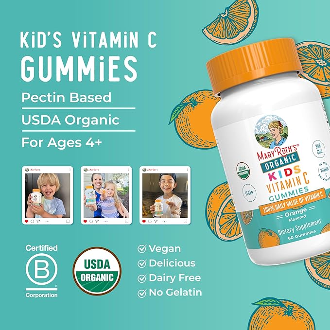 MARYRUTH'S Kids Vitamin C Gummies | Supplement for Immune Support & Overall Health | Vitamin C for Kids Ages 4+ | USDA Organic | Vegan | Non-GMO | 60 Servings