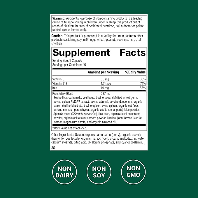 Standard Process Ferrofood - Iron Supplement to Support Normal Blood Production - Aid Iron Absorption with Vitamin C - Health Supplement with Alfalfa, Spanish Moss, Vitamin B12 & More - 40 Capsules