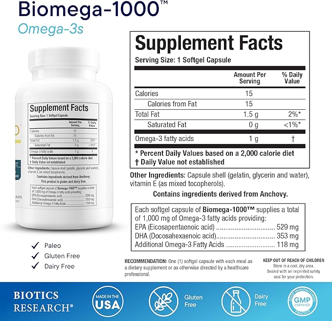 Biotics Research Biomega-1000™ Omega 3 Fish Oil With EPA 529mg / DHA 353mg– Omega-3 Fatty Acids 1000 mg- Highly Concentrated Fish Oil 90 Days Servings–Supports Immune, Brain & Heart Health–90 Softgels