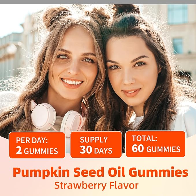 Pumpkin Seed Oil Gummies with Saw Palmetto, Organic Pumpkin Seed Oil Supplement for Hair Growth & Skin Health, Prostate Health, High Pure Extract for Women Men, Strawberry Flavor, 60 Count