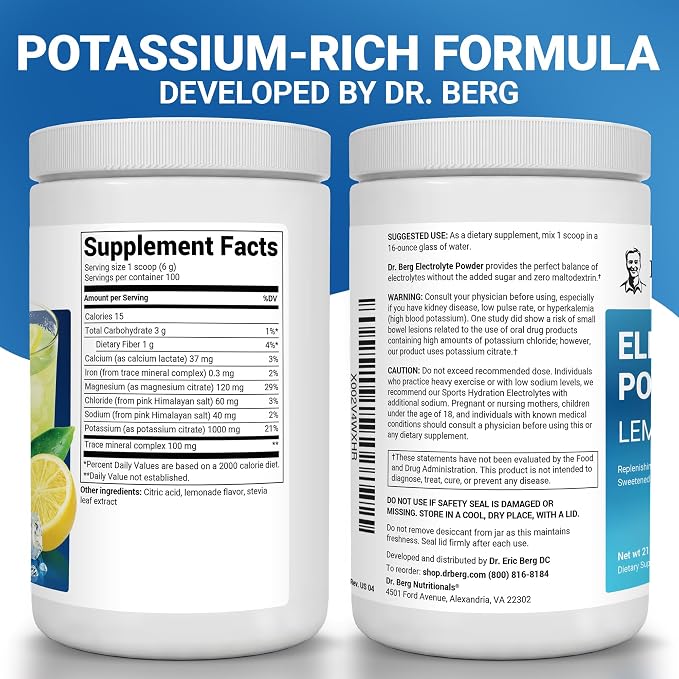Dr. Berg Zero Sugar Hydration Keto Electrolyte Powder - Enhanced w/ 1000 mg of Potassium & Real Pink Himalayan Salt (NOT Table Salt) - Lemonade Flavor Hydration Drink Mix Supplement - 100 Servings