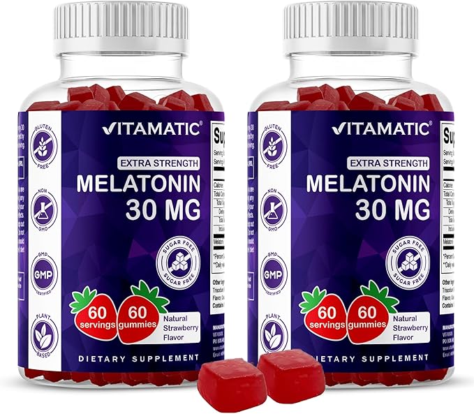 Vitamatic Sugar Free Melatonin 30mg per Gummy - 60 Servings - 60 Vegetarian Gummies - Non-Habit Forming Supplement (60 Count (Pack of 2))