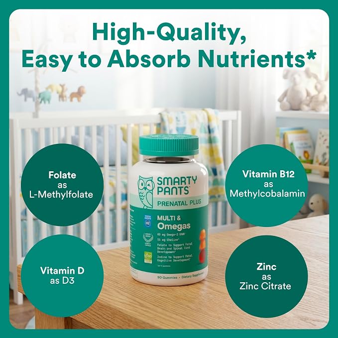 SmartyPants Prenatal Multivitamin Gummies, Omega 3 (DHA/EPA), Methylfolate, Biotin, Vitamin D3, C, Vitamin B12, B6, Vitamin A, K & Zinc, Gluten Free, 120 Count (40 Day Supply)