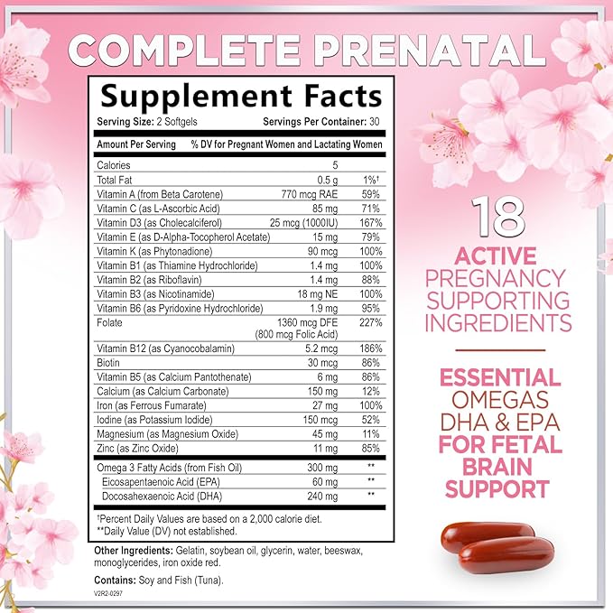 Prenatal Vitamins for Women - Prenatal Multivitamin with Folic Acid & Omega 3 DHA Fetal Development Support - Pregnancy Vitamin Supplement with, Vitamin A, C, D, B6, B12 & Iron - 60 Softgels
