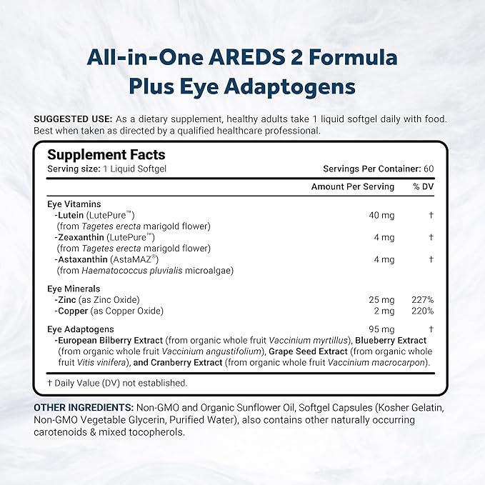 Naturalis Areds2 Clinically Based Eye Supplement | Lutein, Zeaxanthin, Astaxanthin, Bilberry, Blueberry, Cranberry & Grape Seed Adaptogen Blend | 60 Vision Essential Softgels