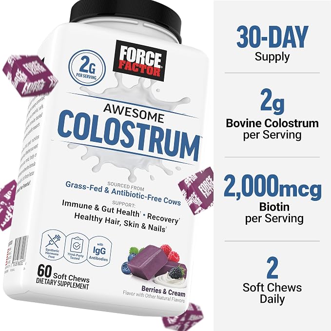 Force Factor Awesome Colostrum Supplement, Berries & Cream, 60 Soft Chews | Bovine Colostrum with Biotin, Grass-Fed, Antibiotic-Free, Supports Gut & Immune Health, Supports Hair, Skin & Nails