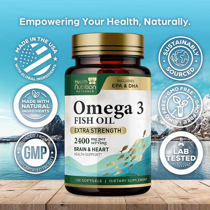 Omega 3 Fish Oil Supplements - 2400mg Fish Oil Per Serving - Triple Strength Omega-3 with EPA & DHA Fatty Acids - Natural Heart, Brain & Immune Support - Wild Caught, Bottled in USA - 120 Softgels